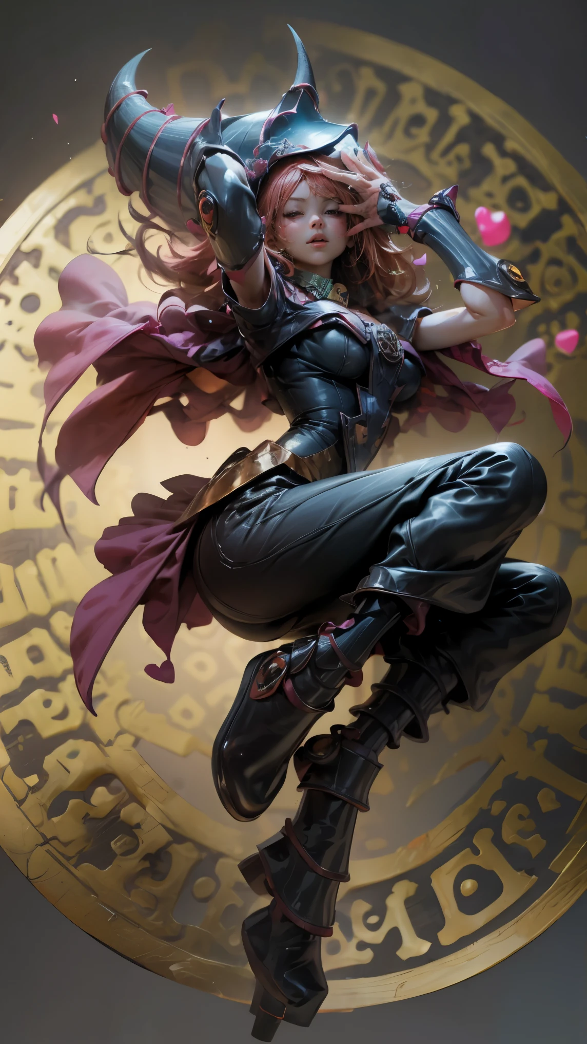 dark magician gils, with high-heels. Pants, sexy, Subjective and sensual pose. magic background. Magical heart in the air. magic circle