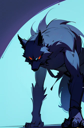 Helluva boss style, solo, (male gray wolf), anthro, red eyes, white fur, full body, deathwolf, ((squatting on bed)), arms up, smile, clenched teeth, open pants, using a gray latex suit, and a black techno collar, hypnotized with glowing purple eyes without iris or pupils, tongue out, full body image