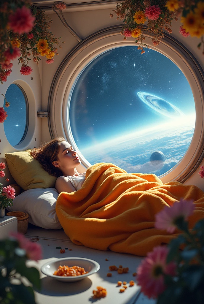 (photorealism:1.2), girl, Dark hair Medium Length, in blue Transparent nightgown, Sitting on the bed by the large round eldumtnator of the spaceship, space, earth