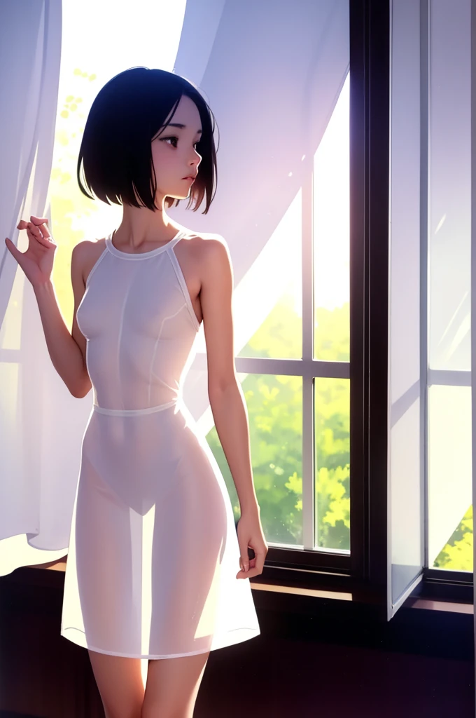 (masterpiece, best quality), A female high school student,Perfect body,D CUP chest,Slim, White skirt, Transparent dress, see through silhouette, Backlight, Backlight, Standing by the window, bedroom, morning, Sunlight, Warm, Anime minimalism, watercolor,