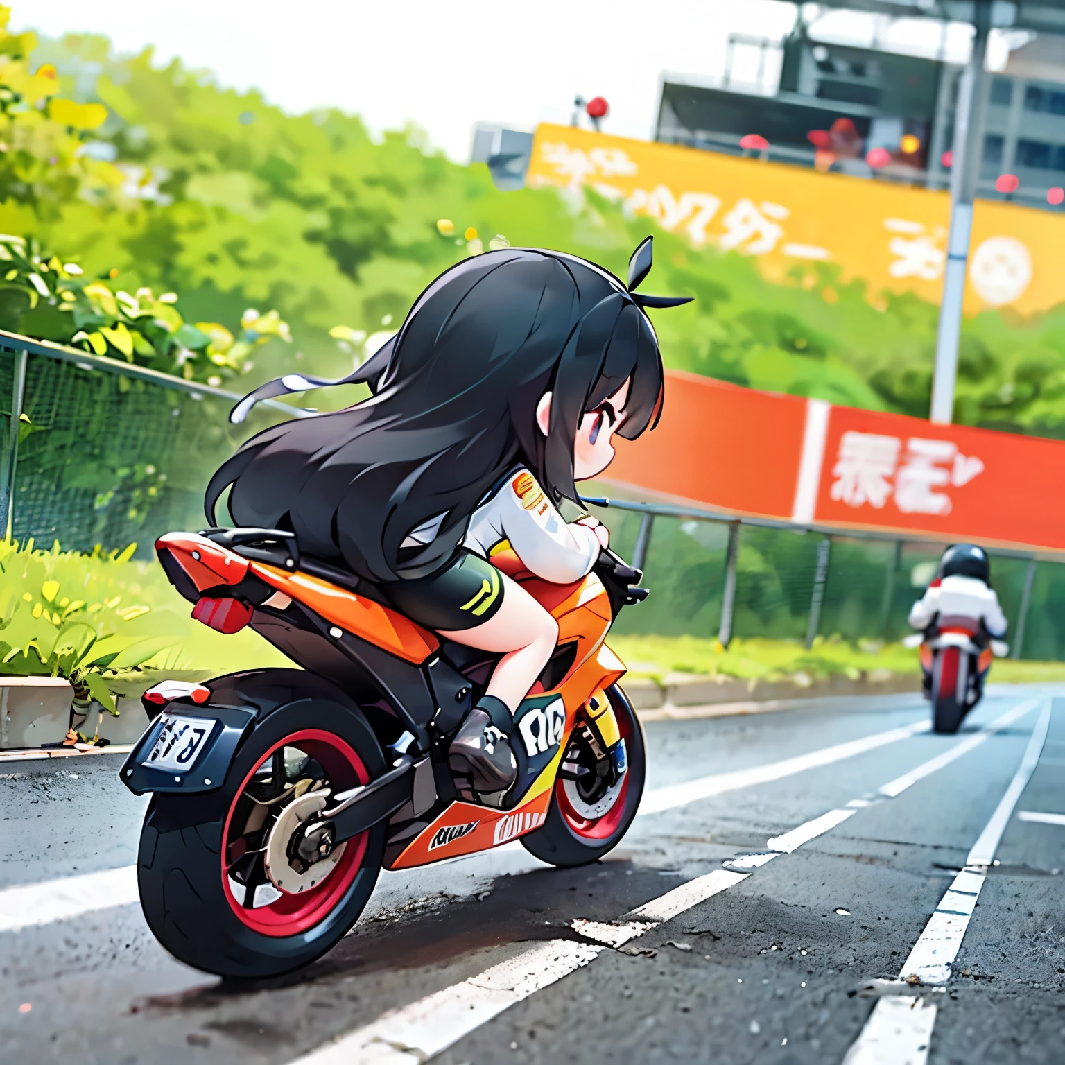 Little mascot girl, Rear view of a female racer racing on a road bike, Black Hair, semi-long, stylish, Road Bike Racing, Behind the scenes of a heated battle between multiple road racers, speed, boost mood, Panning View, A rear view of a female racer chasing another female racer ahead of her, Chasing from behind, Back depiction，