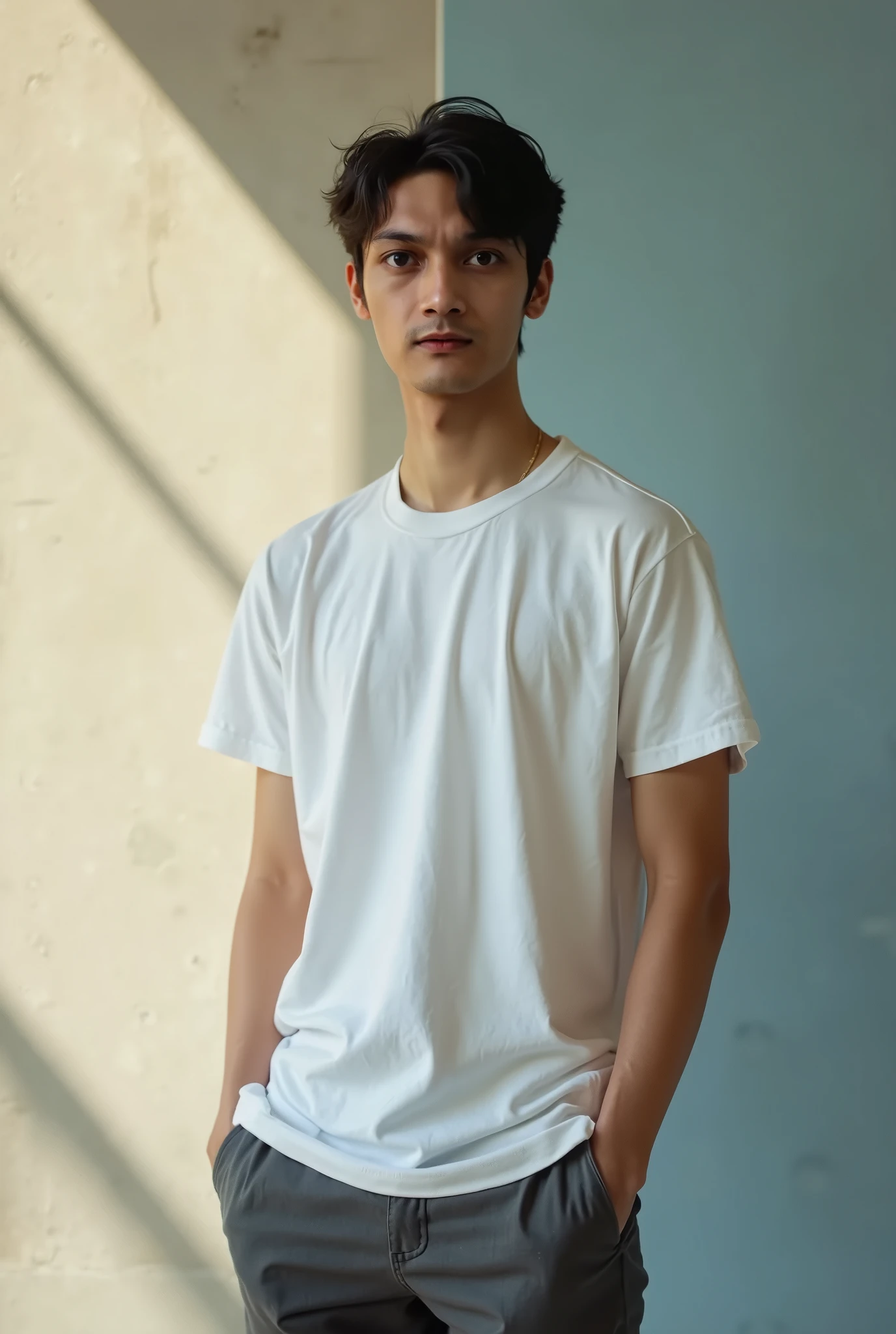 An 18-year-old boy with black hair and white t-shirt, bushy eyebrows, round neck and round eyes