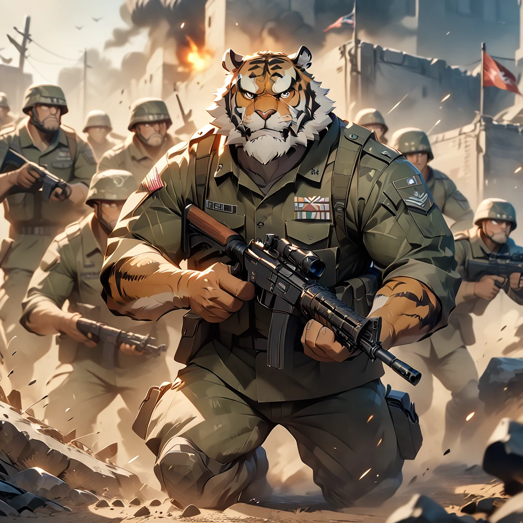 dynamic angle, dynamic pose, military, 3 sergeant, plump middle-aged tiger man, standing, fighting, set up  assault rifle, brown eyes, beautiful beard, male face, big face, square jawline, male eyes, sharp eyes, big eyes, male eyebrows, innocent look, fluffy body, BREAK battlefield, masterpiece, best quality, very aesthetic, absurdres,