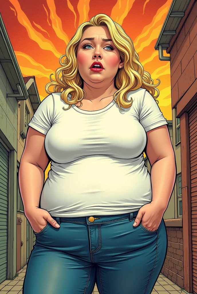 Beautiful blonde morbidly obese woman with a t-shirt and jeans releasing olive green fart fumes out of her buttcheeks in a grey elevator, comic book artstyle