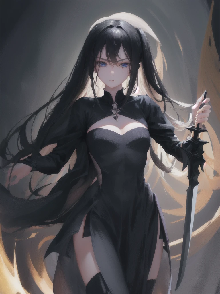 shadow covered girl, covered in shadows, lack shadows in background Anime girls, carrying katana, anime, short black hair with neon blue highlights, hair is above shoulder height, smooth beautiful, 4k, anime art, pendant on hair, cross t necklace, vivid blue dress, battle armor golden armor, little clothing (( Deep in the forest there are stone angels all black and dark, anime dark styler,girl walking forward, camera on the back girl, view from the back, dark colors for the environment, gloomy environment))In this image, we see a girl walking boldly in a dark forest at night. The camera is positioned behind her, highlighting her solitary figure in contrast to the dark surroundings. Her long, loose hair flows in the wind, while her dress and cape add a sense of mystery and vulnerability. Holding a torch, revealing a determined but also vulnerable expression. The image quality is sharp, capturing every detail of the scene and conveying a palpable sense of tension and emotion.(she was carrying a torch in her hand)