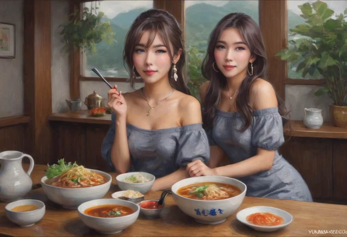 Realistic photo of (1cute Korean actress), tank top, in ramen shop, smiling, Canon EOS, clear facial features, close up portrait, cinematic mode, 8K