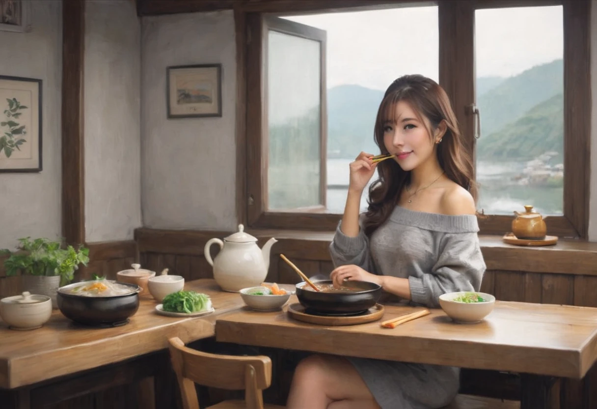 A cute Yuna (age 25, off the shoulder sweater, miniskirt, matching heels, no bra) she is seated at a table happily eating hot pot and flirting with viewer
