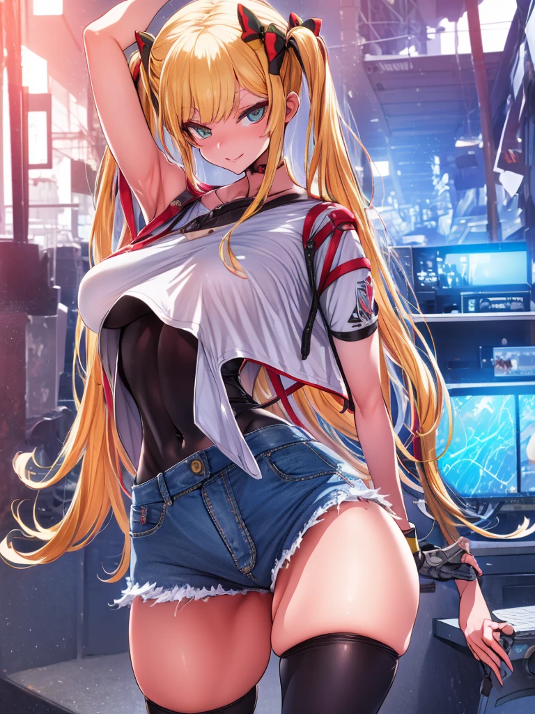 masterpiece　Anatomically correct　Attention to detail　One Girl　Cute Smile　Twin tails　 Denim hot pants　High Leg　　Stand up straight　Cowboy Shot　leotard　View your audience　Simple Background