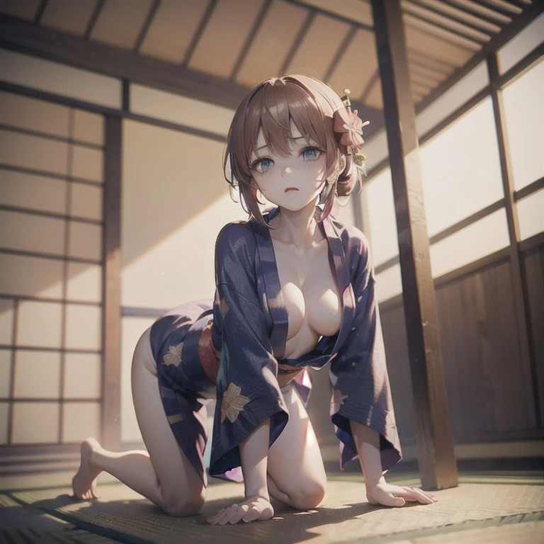 Japanese women、Age 25、(slender:1.2)、beautiful girl、One girl、round face、(Small breasts:1.2)、Cleavage、A regretful face、short hair、 (highres,Kneeling pose:2.0),(on all fours:2.0),Arching the back, looking up,Cowgirl Position,forward leaning posture、(yukata:1.8),ccurate, Surrealism, drop shadow, ass pov, atmospheric perspective, Hyperrealism, 8k, super detail, best quality, uhd, retina, masterpiece, accurate, anatomically correct, textured skin, super detail, highres, 8k、Angle from below、