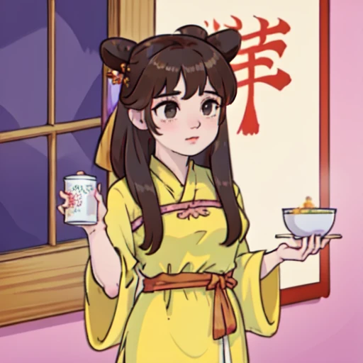 ( Best Quality, ancient china, A girl, pastel yellow chinese long dress), long hair tied in two tomatoes, Brown hair , purple eyes