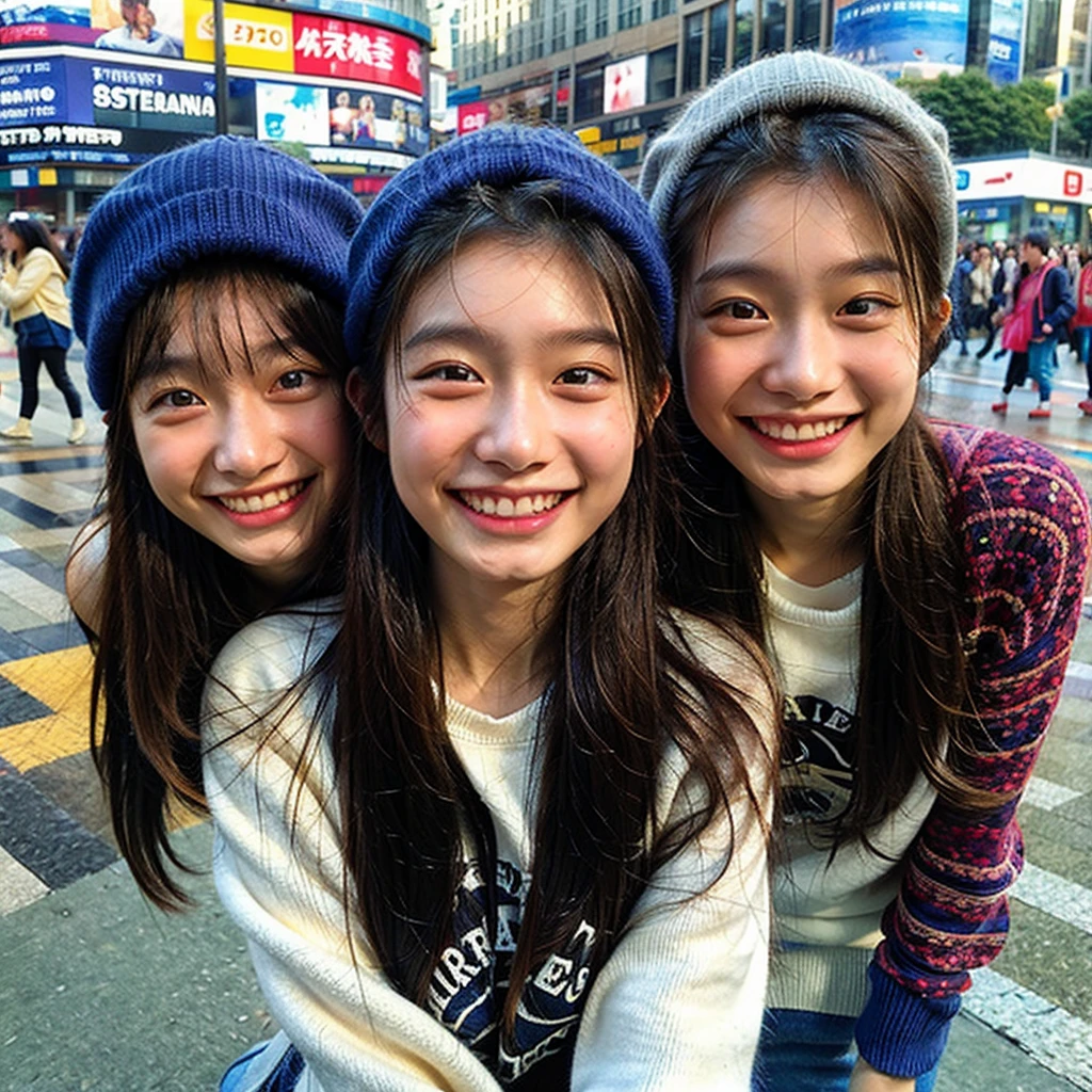 Highest quality, masterpiece, Ultra-high resolution, (Realistic:1.4), (Close-up portrait) RAW Photos, Identical twin sisters,20-year-old,((The Shibuya Scramble Crossing at dawn, with no one around)),((A sweatshirt and knit cap, top and bottom )),Messy Hair,((Straight long hair)),((Bangs short)),Realistic,Image Media Chest)),((Smiling with teeth showing)),((Big smile))