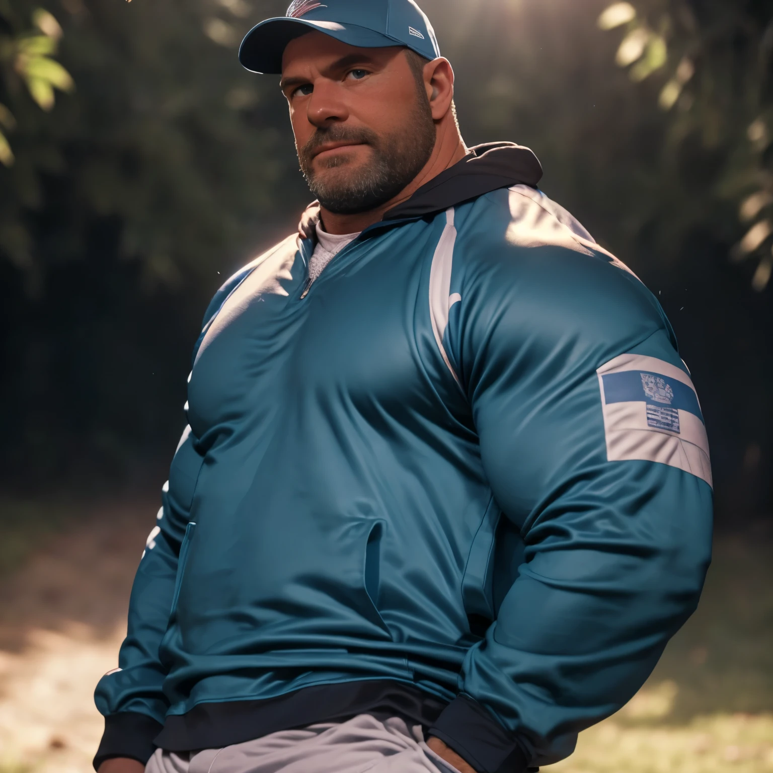 An award-winning original photo，A wild muscular man, (40 years old daddy:1.1), 1boy, Solo, baseball cap, baseball jumper , (big shoulderusculature, stubbles, Short beard, Beautiful eyes:1.3), (Detailed face:1.3),  Dynamic Angle, volumetric lighting,  glowing blue eyes, (Best quality, A high resolution, Photorealistic), Cinematic lighting, Masterpiece, RAW photo, Intricate details, hdr, depth of field,extreme close up, Face is located in the center of the screen