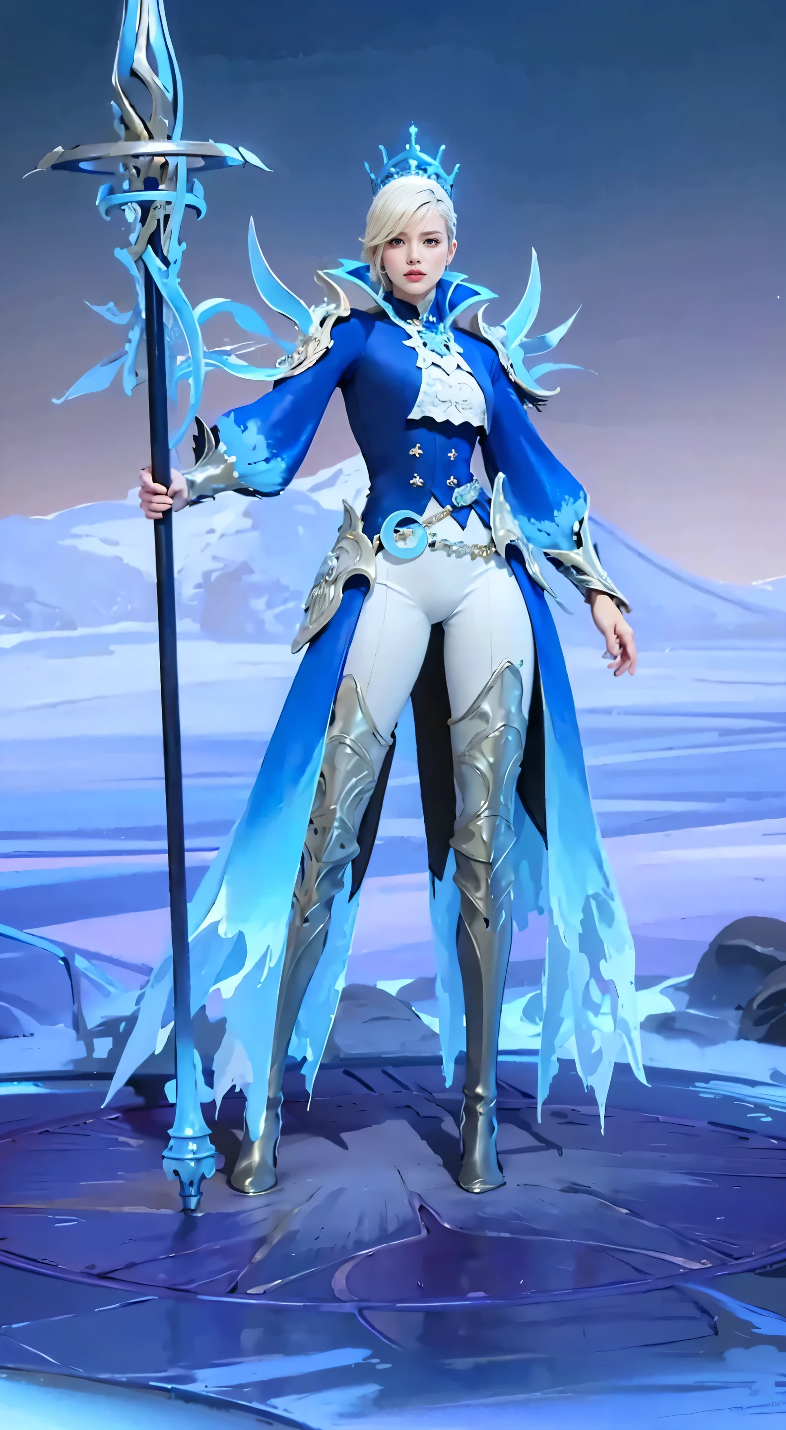 Illustrate Anivia in her Blackfrost skin. She has dark, massive k-cups,frost-covered feathers and a menacing, icy aura. The background is a dark, frozen tundra with jagged ice spikes and an ominous, cloudy sky.