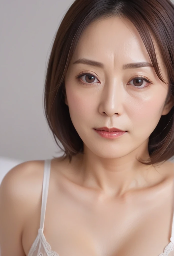 High resolution, Shortcuts, Mature Woman,((Center Parting)),(((50-year-old women))),masterpiece, Highest quality, Ultra high definition, Textured skin, Droopy eyes,Thin lips,black eye,((Mole,under left lip, beauty mark)),Thin eyebrows,Thin eyebrows,(Japan female in her 60s),Narrow forehead,((Too thin,Too thin eyebrows)),Loose jaw,(Low Nose),Deep-set eyelids,((very droopy eyes)),Slightly droopy thin eyebrows,(Small Mouth), (droopy eyebrows),Nasolabial folds,Droopy eyes, hooded eyes, ((wrinkles around the eyes)),((full body)),Beautiful legs,thin lower lip,bed room, (full body shot),((background,bed room))lingerie((thin lower lip)), dim,wet,, low eyebrows, troubled eyebrows,目のシワ, camel toe, without makeup, down-turned mouth, sagging, cowgirl position,dildo,squatting