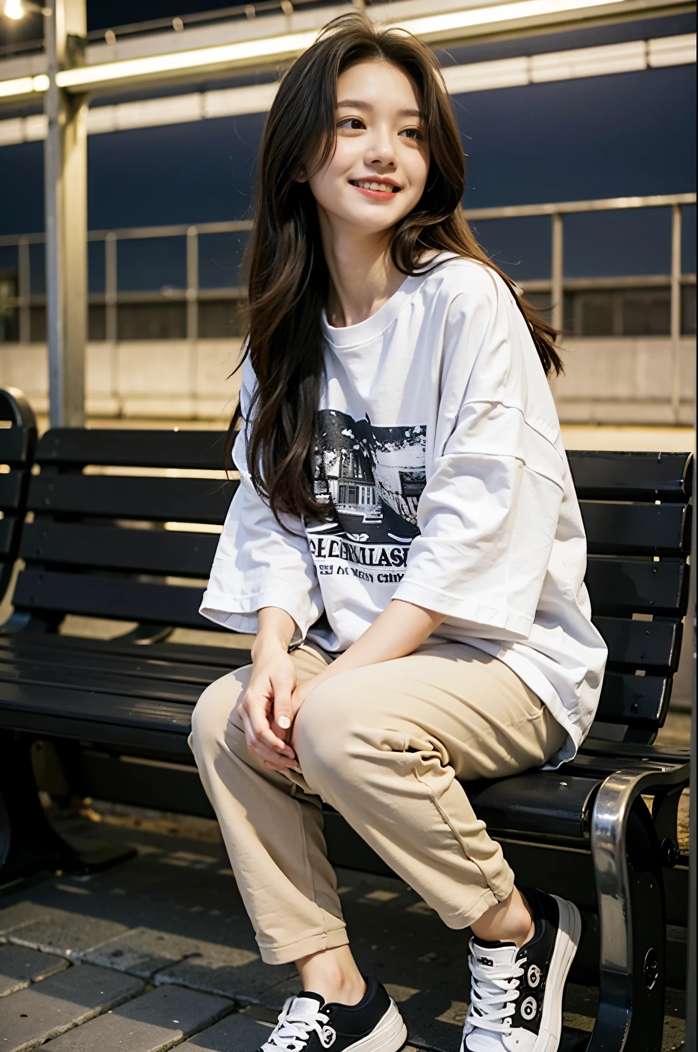 girl, cute, layered hair, smile, big eyes, white oversize t-shirt, bracelet, sweatpants, sneakers, sit on bench, city street, night, (from below).