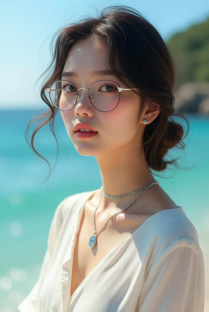 a cute woman, 8K, beautiful detailed eyes, upper body, beautiful detailed lips, extremely detailed eyes and face, long eyelashes, slender body, thin face, delicate features, flawless porcelain skin, glistening sweat, realistic, bikini, beach, one-person viewpoint, Fuji Film, F/1.2, masterpiece, nffsw, super detail, high quality, best quality, high resolution, glasses, mole under right eye, arms crossed