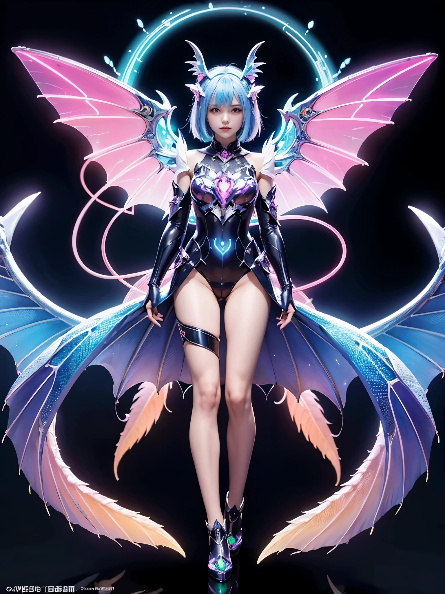 1girl, Armor, Wings, beautiful dragon, futuristic evolved Nekomata, (Neon glowing body), 2 tails, holographic, (The wings are symmetrically paired;1.5), Long shot,

