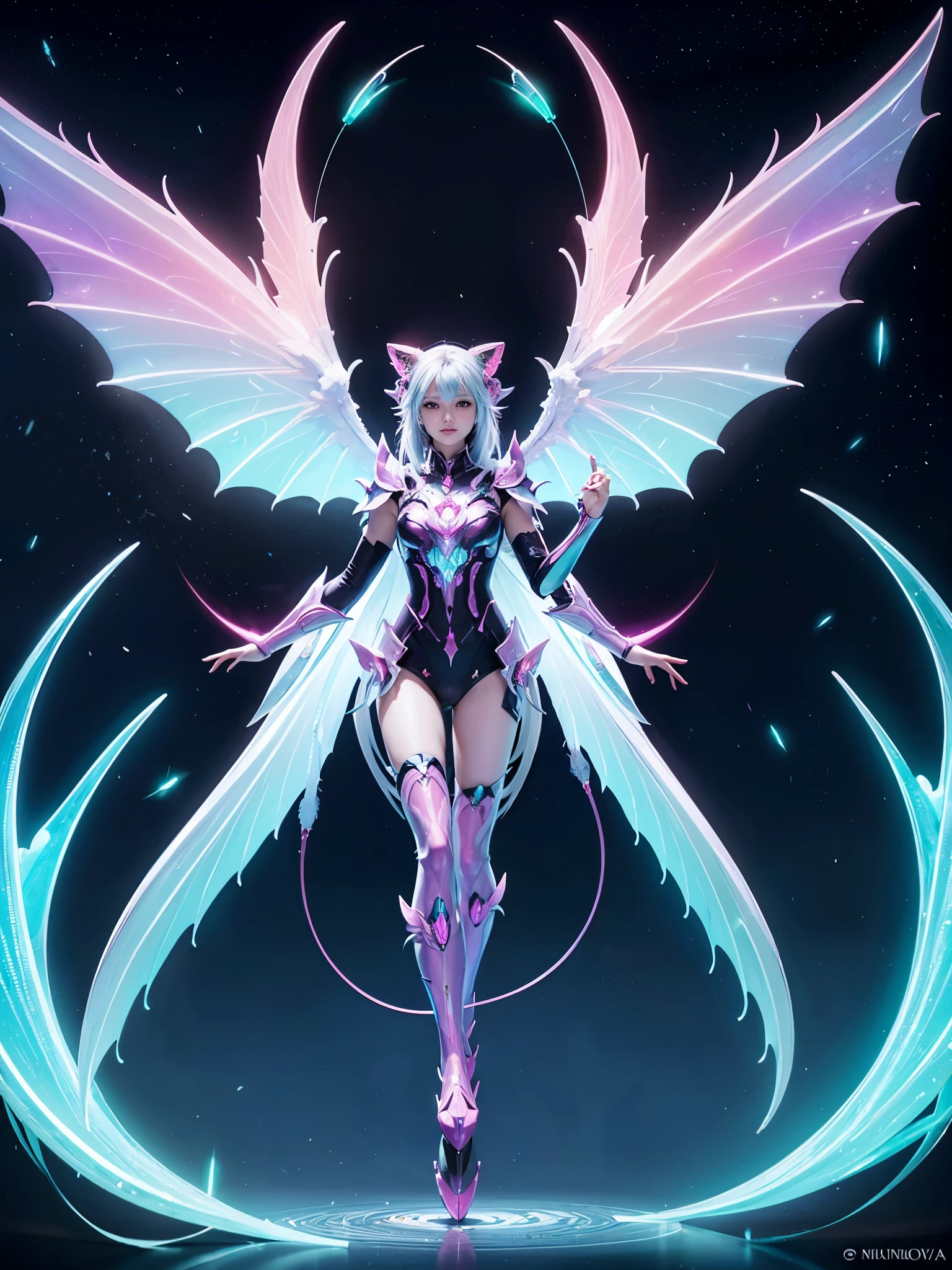 1girl, Armor, Wings, beautiful dragon, futuristic evolved Nekomata, (Neon glowing body), 2 tails, holographic, (The wings are symmetrically paired;1.5), Long shot,

