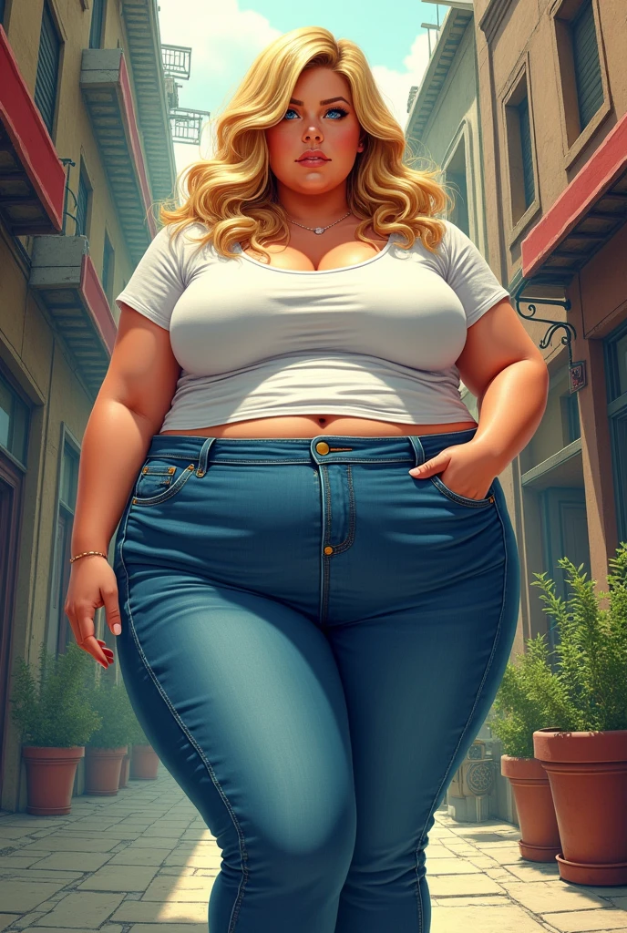 Fat college pawg, gaining weight, ass too fat for her shorts, clothes too small, eating messy food, blonde, realistic