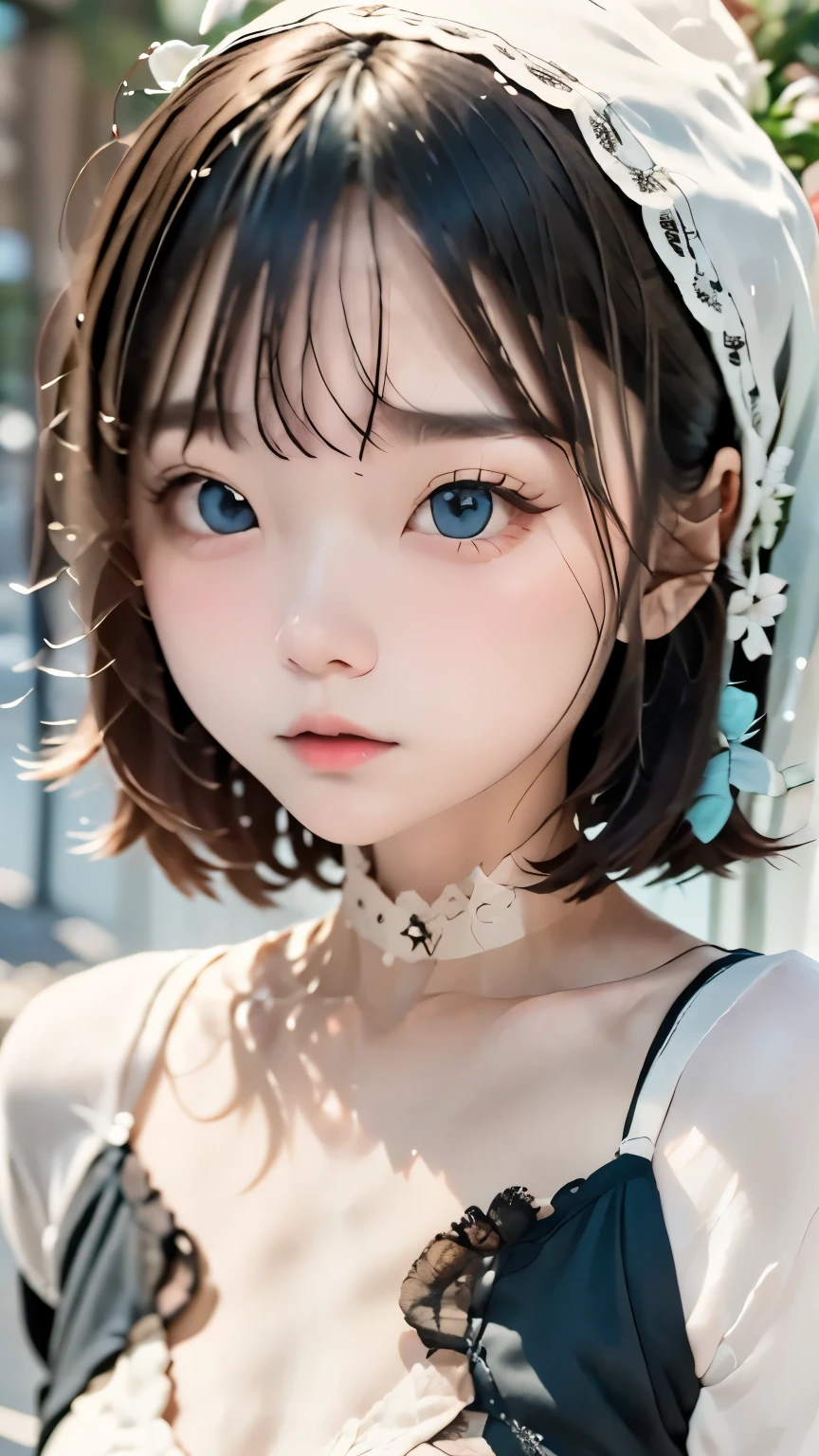 cute, (Black Hair、White Mesh), ((Short Bob)), Perfect Face, An innocent smile, Upper Body,(blue eyes), (Yan), (small), (thin), ((Flat Chest)), ((Only 16)), Skin dentition, Very detailed, Attractive oval face, Red lips, pink, Glowing Skin, thin髪, Face Focus, Chest close-up, Gorgeous hair ornament, ((1 person)), Embarrassed expression,