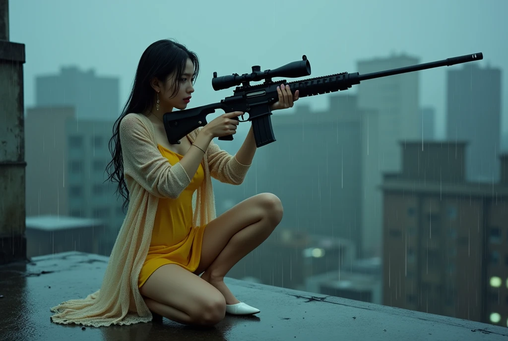 Chinese Beauty、Long straight black hair, wet from the rain, holding a sniper rifle in her hand, black tight skirt, tube top with slits so her whole body is visible。
Sleeping on the ground, emphasizing her buttocks