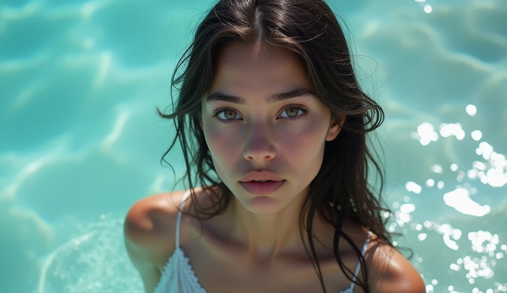 Portrait réaliste d’une Femme de 21 ans latine , yeux bleues avec des formes et cheveux longs qui est au bord de la piscine 