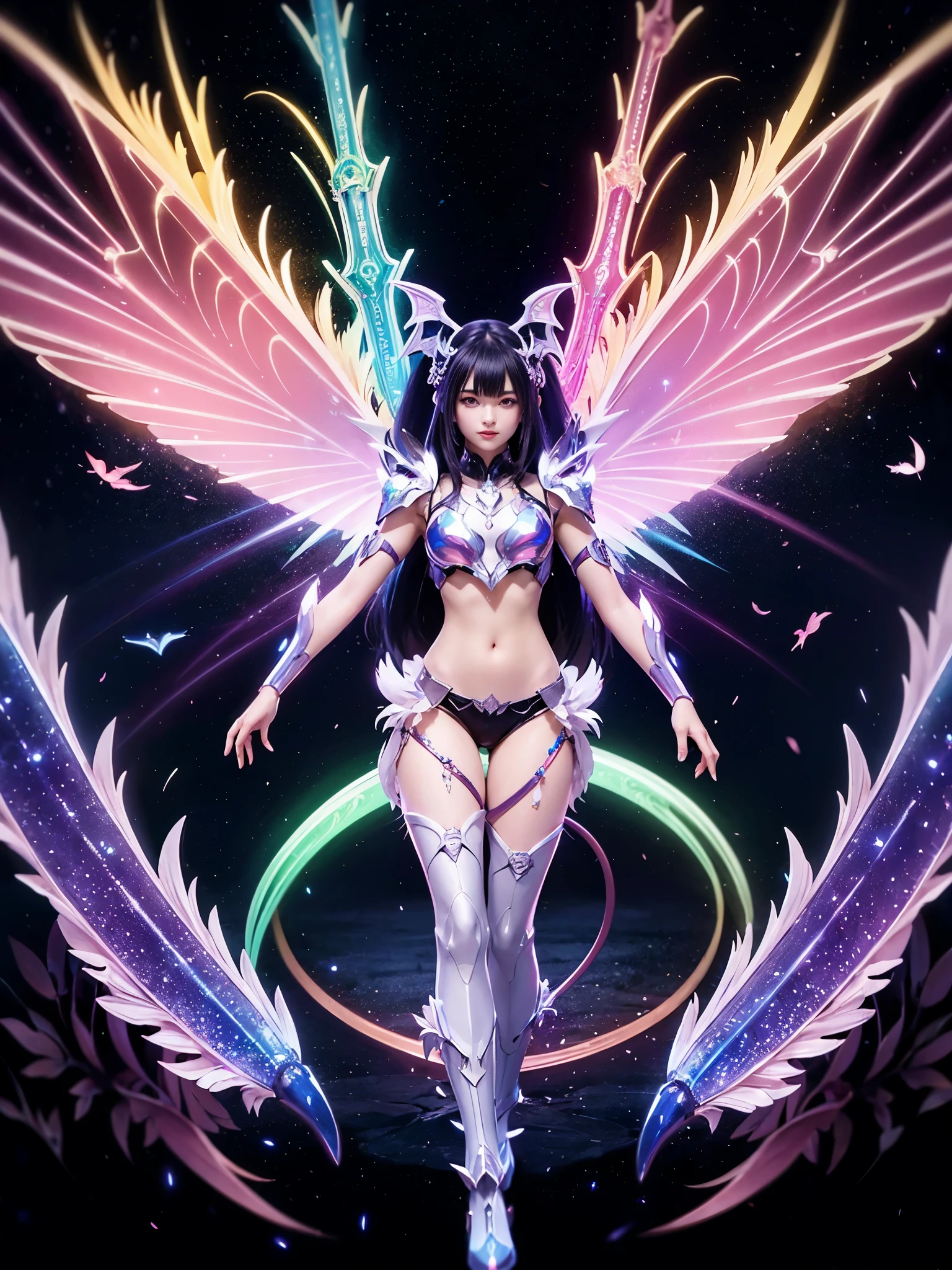 1girl, armor, Wings, beautiful dragon, futuristic evolved Nekomata,/(neon glowing body),2 tails, holographic, (The wings are symmetrically paired;1.5),