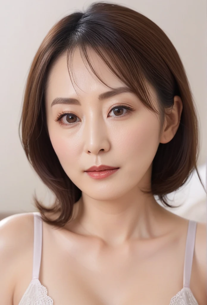 High resolution, Shortcuts, Mature Woman,((Center Parting)),(((50-year-old women))),masterpiece, Highest quality, Ultra high definition, Textured skin, Droopy eyes,Thin lips,black eye,((Mole,under left lip, beauty mark)),Thin eyebrows,Thin eyebrows,(Japan female in her 60s),Narrow forehead,((Too thin,Too thin eyebrows)),Loose jaw,(Low Nose),Deep-set eyelids,((very droopy eyes)),Slightly droopy thin eyebrows,(Small Mouth), (droopy eyebrows),Nasolabial folds,Droopy eyes, hooded eyes, ((wrinkles around the eyes)),((full body)),Beautiful legs,thin lower lip,bed room, (full body shot),((background,bed room))lingerie((thin lower lip)), dim,wet,, low eyebrows, troubled eyebrows,目のシワ, camel toe, without makeup, down-turned mouth, sagging, cowgirl position,(dildo),squatting, m legs,