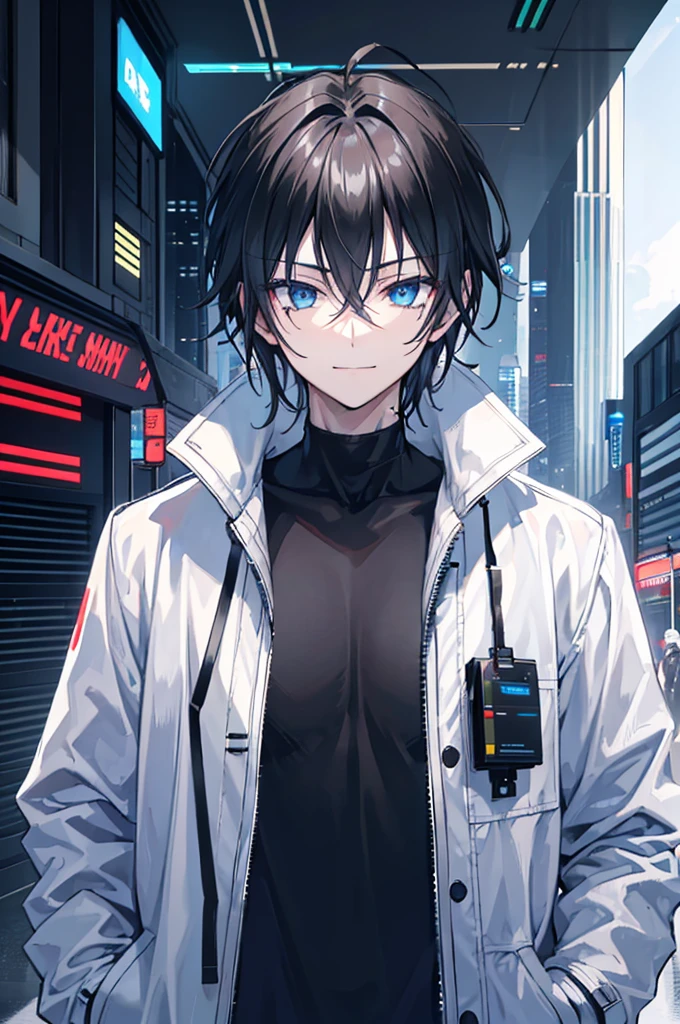 Face_through_torso, 1man, cyberpunk, slightly_messy_hair(black_hair, hair_between_eyes), blue_eyes, smiling_face, wearing_black_t-shirt_as_innerwear, wearing_sleek_and_technical_white_trench_coat, one_hand_in_coat_pocket