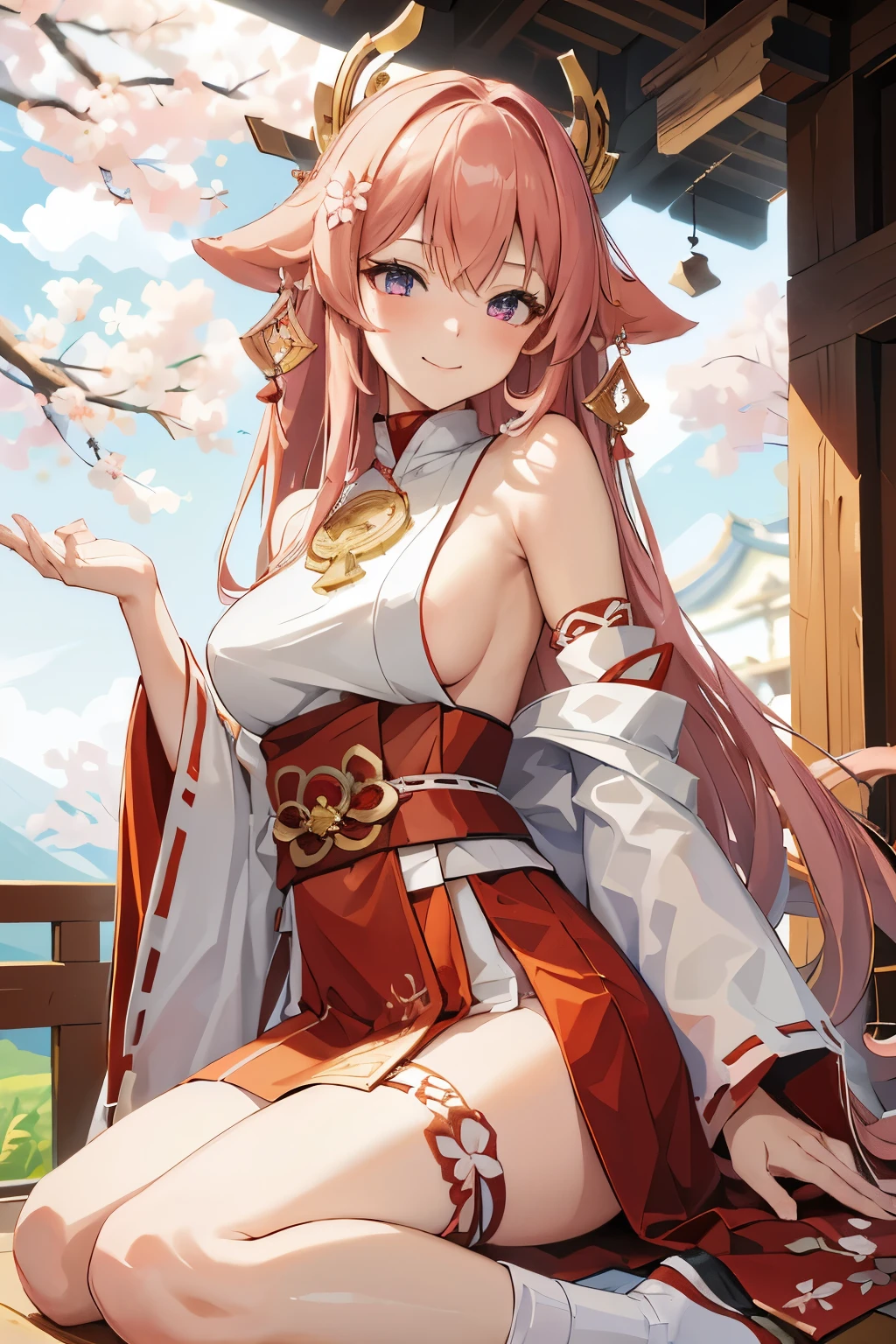 8k, high resolution,((Masterpiece)), ultra detailed, HD, solo woman, detailed hands, solo, purple eyes, yaemikodef, beautiful, miko, pink-cherry hair, guuji yae, shrine maiden, cherry blossoms, perfect breasts, fox girl, Yae Miko, Genshin Impact, cute face, blushing, smile