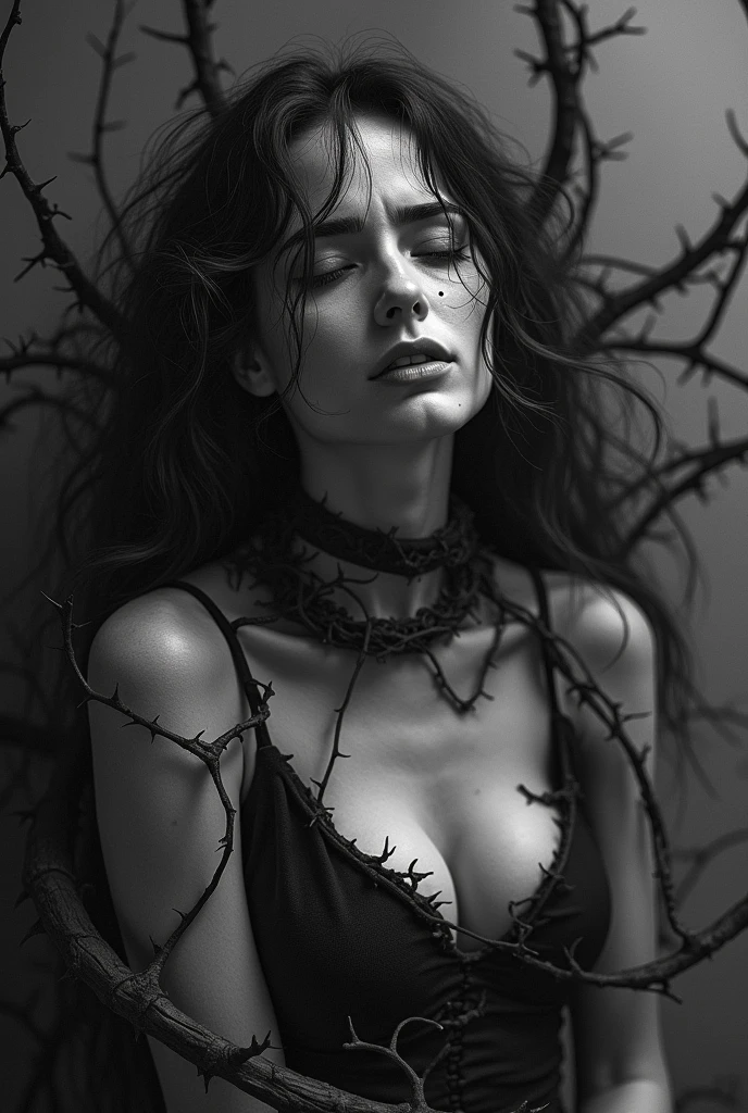 Close-up of a woman covered in thorns on her naked body, black and white photography.