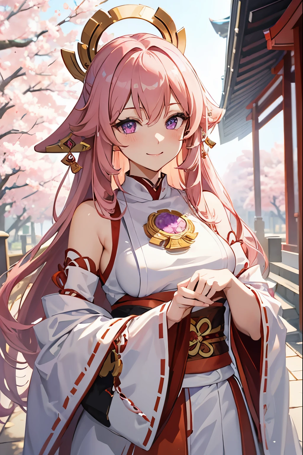 8k, high resolution,((Masterpiece)), ultra detailed, HD, solo woman, solo, yaemikodef, purple eyes, beautiful, miko, pink-cherry hair, guuji yae, shrine maiden, cherry blossoms, perfect breasts, Yae Miko, Genshin Impact, cute face, blushing, smile