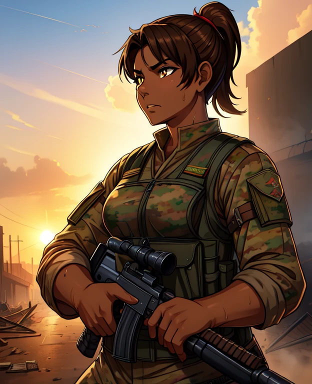 (1Female), (Mixed race Guatemalan-Navajo), (24yo:1.2), (Short brown hair:1.3), (Ponytail hairstyle:1.3), (Yellow colored irises:1.2), (tanned bronze skin:1.4) BREAK (Wearing: USA marine corps uniform, camouflage military uniform, bullet proof vest and gloves) BREAK fighting on the battlefield, strong muscles, face stained with mud and blood, sweaty skin, bloody skin, mud-stained skin, army girl, rifle, (aiming and holding rifle: 1.3), soldier girl, infantry girl, expression of determination, rigorous expression, shootout BREAK (Background: Set during the 2003 invasion of Iraq, on the empty streets of an Iraqi village, warzone, ruined buildings, debris is the surroundings) BREAK highest quality, ultra-high resolution, absurdity, realistic, physically based rendering, cinematic lighting, complex and cinematic appearance, cinematic soft light, soothing tone, battlefield background, urban war background, photorealistic, cowboy shot, dynamic angle, portrait, Beautiful digital artwork, (mature female),(shiny skin),(looking at viewer),(anime style)