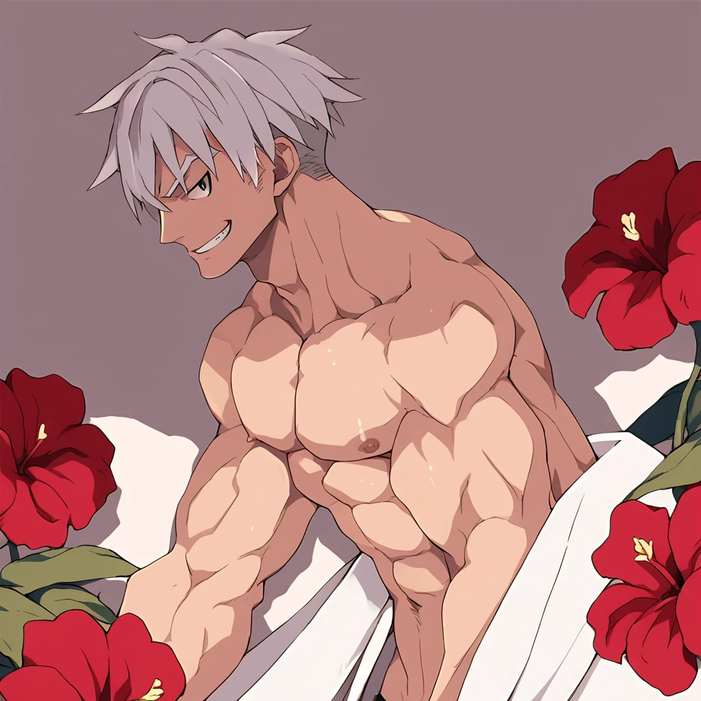 score_9, score_8_up, score_7_up, rating_explicit, source_anime, boy, white hair, pretty face, hibiscus print, clothes, flowers, stylish, smirk, masterpiece, male only, bara