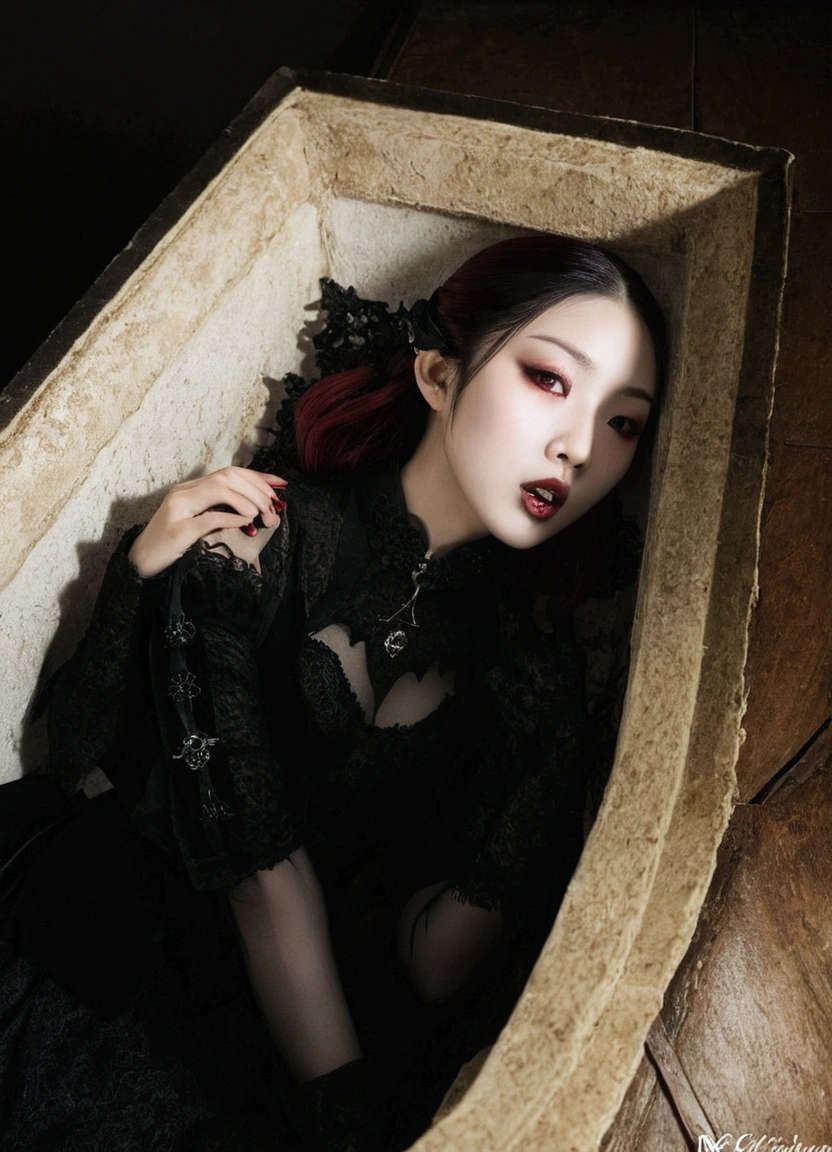 masterpiece, (photorealistic:1.4), 1girl, ((closed eyes)), round breast, beautiful eyebrows, beautiful breast, beautiful eyelashes, breast fixed, (eyebrows fixed), body fixed, ((big boobs)), ((closed mouth)), ((red casket)), black dress, arafed image of a woman in a black dress with a red background, gothic regal, cruel korean goth girl, an elegant gothic princess, royal elegant pose, dark goth queen, imvu, elegant glamor pose, ((wearing aristocrat robe)), beautiful vampire female queen, vampire of clan lasombra, beautiful vampire queen, carmilla vampire, sinister pose
