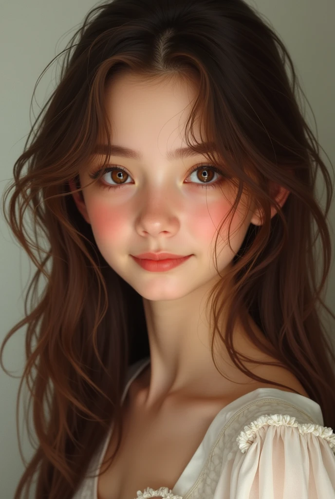 1 girl, Japanese, 4k, realistic, soft skin, texturized skin, long whavy brown hair with red locks, shining red eyes, red eyeliners, shining red lips, freckles, naked, smile, closed mouth, soft lighting, portrait, face focus, close up, bright colors, facing viewer.