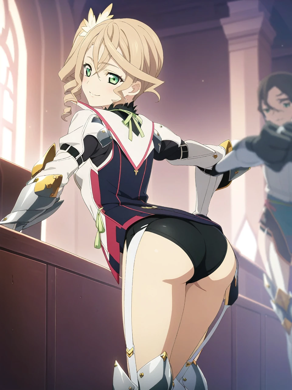 NSFW:1.5,(from back),adarmor, Blonde, Side Ponytail, Green Eyes, armor, Neck ribbon, Black shorts, Garter Straps, Gauntlet, gloves, Greaves,(1girl), chest wall, Game CG, Anime screenshots, Official Art, masterpiece, Highest quality,seductive smile,small breasts,stand,(leaning forward:1.3),(Stick your ass out),(((grabbing ass))),(POV hands),audience