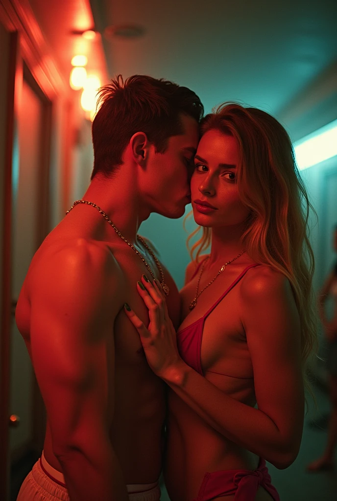 Britney and a partner standing close together under a neon sign. Their silhouettes are almost touching, with their hands and fingers creating electric sparks as they reach for each other.