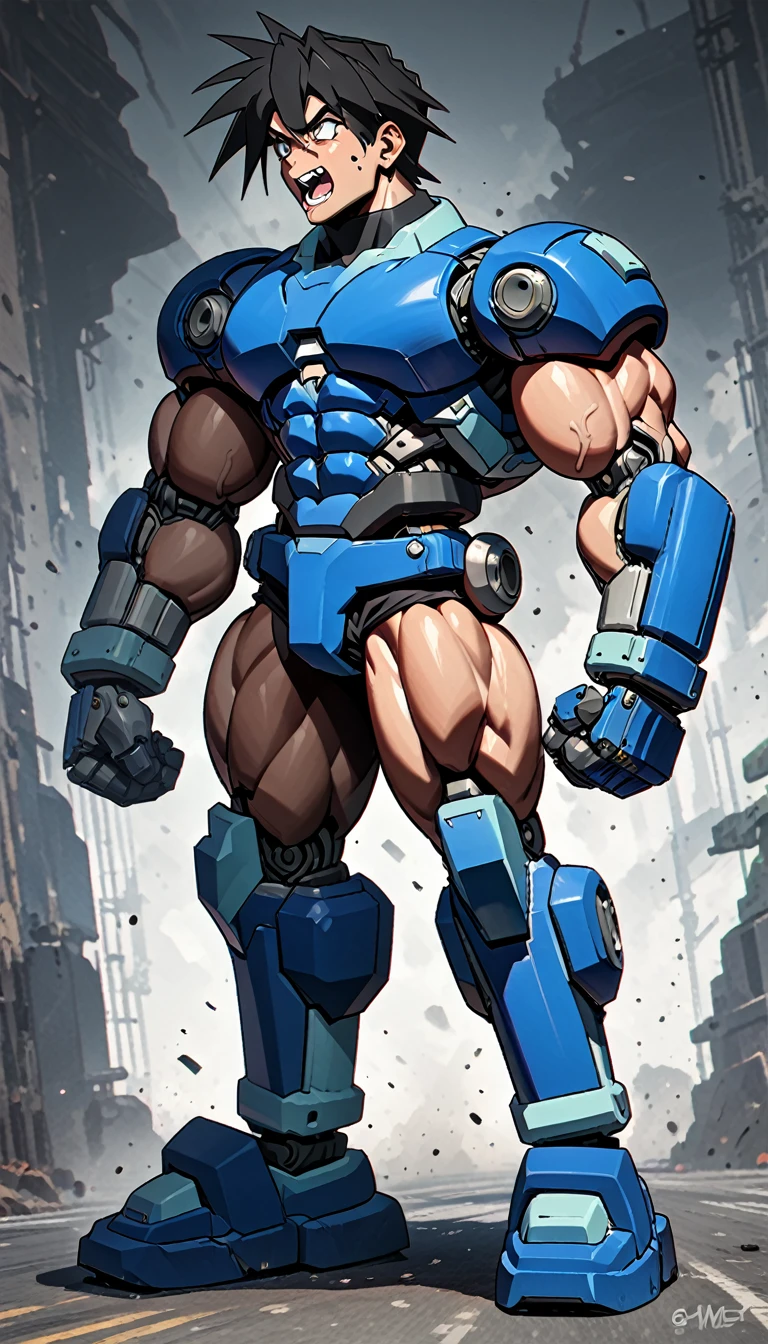 Shorts,Anatomically correct, (((8k resolution))),Bodybuilder-like muscles,Black shirt,Huge muscles,A roar of strength,cyborg,m3g4m4n,Blue Armor,Black Hair,