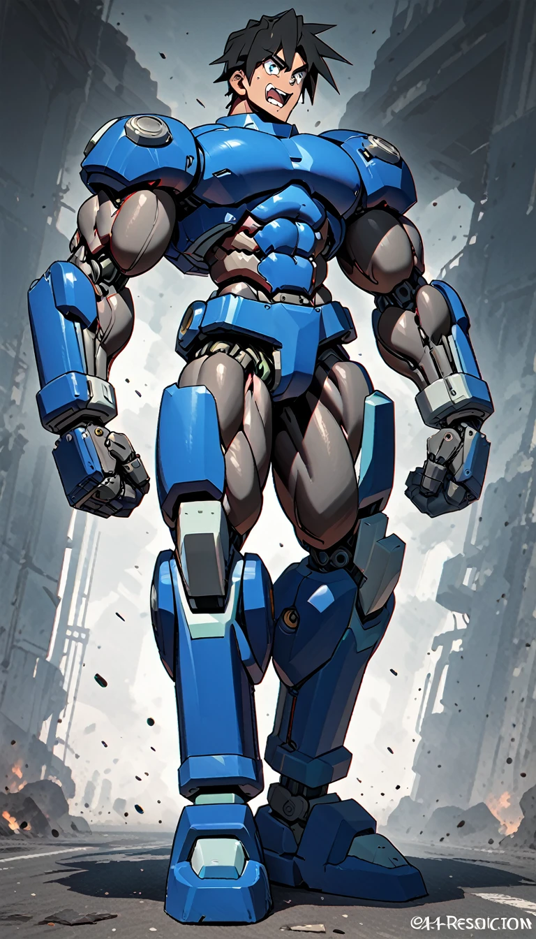 Shorts,Anatomically correct, (((8k resolution))),Bodybuilder-like muscles,Black shirt,Huge muscles,A roar of strength,cyborg,m3g4m4n,Blue Armor,Black Hair,