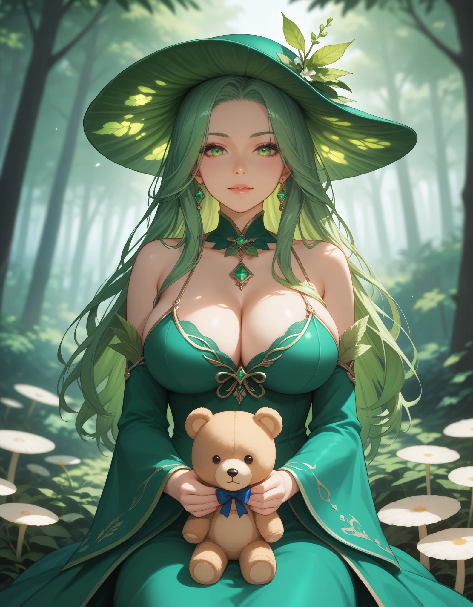 score_9, score_8_up, score_7_up, 1girl, solo, close-up portrait, gentle woman, long flowing hair, emerald green hair, hair with glowing fireflies, beautiful eyes, flowing leaf-green gown with intricate vine embroidery, big breasts, (holding a big vintage teddy bear with a moss-covered bow), (sitting on a mushroom in a magical forest), dappled sunlight through leaves, enchanted atmosphere, fantasy style.