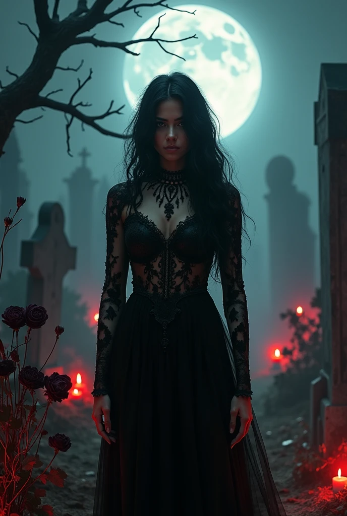 close-up photo of a woman, black hair, wearing a highly detailed gothic dress, at a cemetery, nighttime, bats in the air, spooky vibe, <lora:megfox_xl_1_standard_merger_23_41_07_03:1>