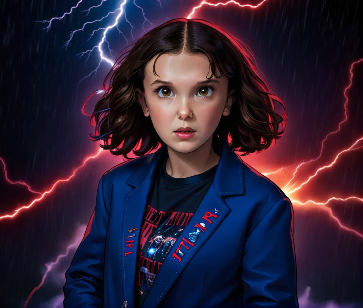 milli3 woman, millie bobby brown, 1 girl wearing blue jacket, Netflix, stranger things eleven, in a dark with red lightning storm in the background,  front view