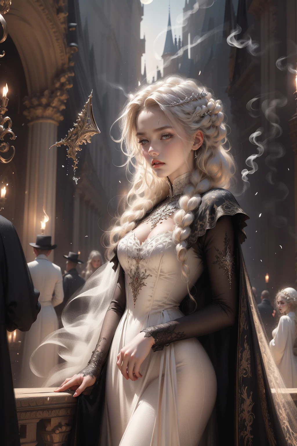 (Masterpiece - Ultra-detailed, very high resolution) Prepare to be enchanted by a true masterpiece that combines ultra-detailed art with high-resolution rendering. This work depicts a mesmerizing woman with very long blond hair (1.3) and captivating light blue eyes (1.2), emanating an aura of elegance and mystery in Victorian settings. The intricate details and realistic textures invite you to explore every aspect of this enchanting composition. Woman wearing beautiful classic Victorian costume from the year 1878. Red lips. Happy face. Smiling. (white dress:1.2). Walking,backwards, looking back, upper body, dynamic poses. Get ready to dive into a world where beauty and craftsmanship merge perfectly.