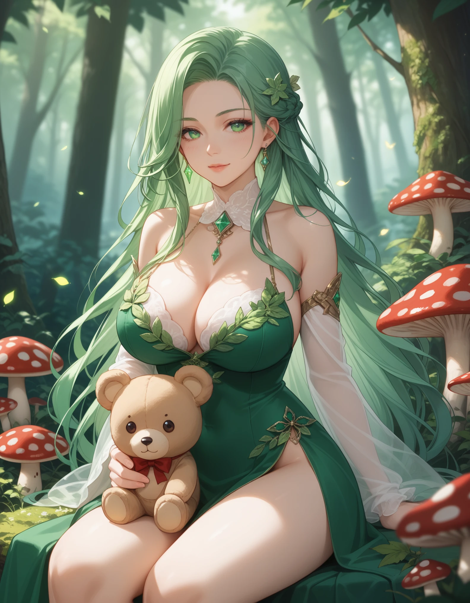 score_9, score_8_up, score_7_up, 1girl, solo, close-up portrait, gentle woman, long flowing hair, emerald green hair, hair with glowing fireflies, beautiful eyes, flowing leaf-green gown with intricate vine embroidery, big breasts, (holding a big vintage teddy bear with a moss-covered bow), (sitting on a mushroom in a magical forest), dappled sunlight through leaves, enchanted atmosphere, fantasy style.
