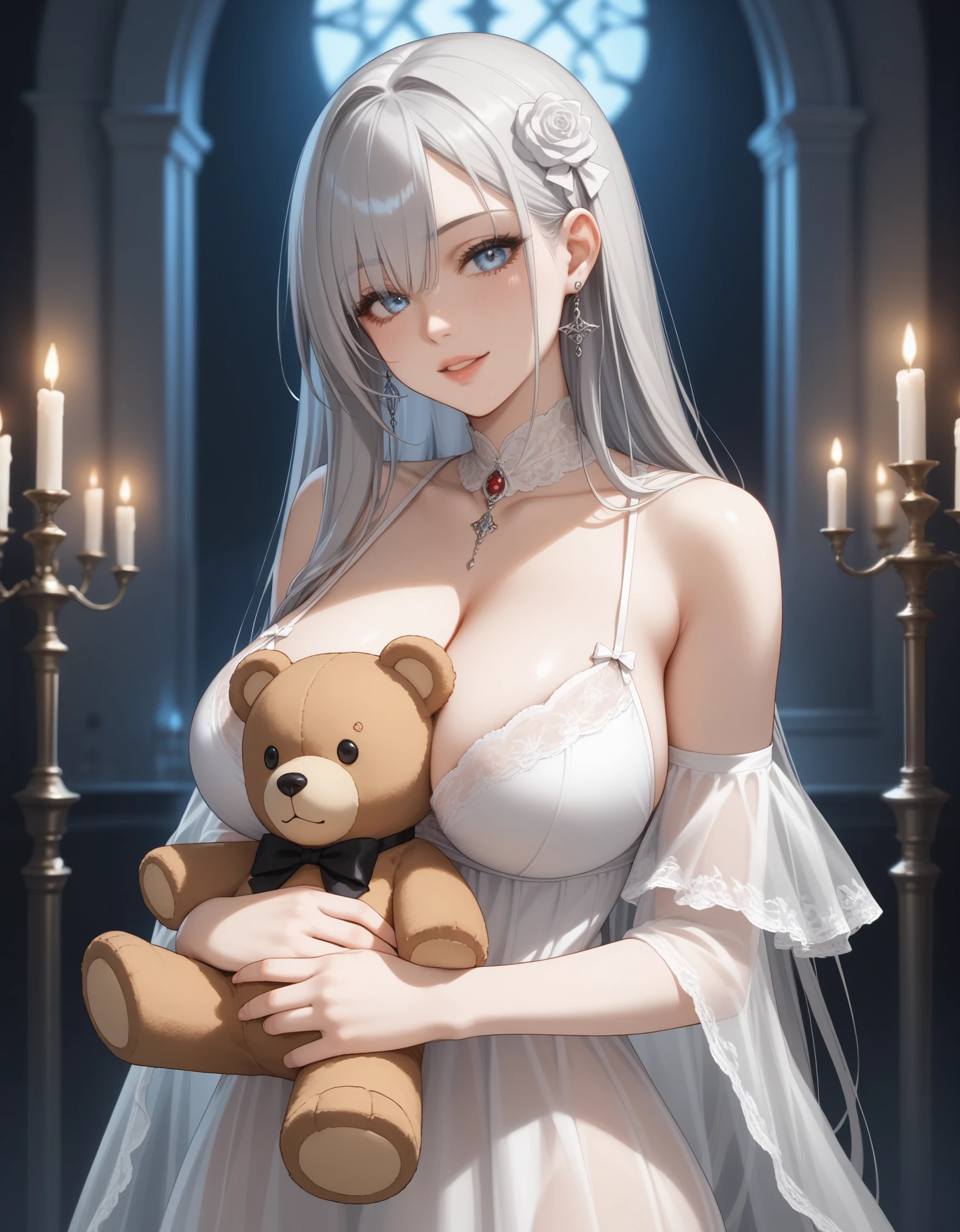 score_9, score_8_up, score_7_up, 1girl, solo, close-up portrait, gentle woman, long flowing hair, pale gray hair, hair with faded roses, beautiful eyes, tattered white Victorian nightgown, big breasts, (holding a big vintage teddy bear with a torn lace bow), (standing in a haunted mansion:1.2), dim candlelight, eerie atmosphere, gothic horror style, translucent clothing.