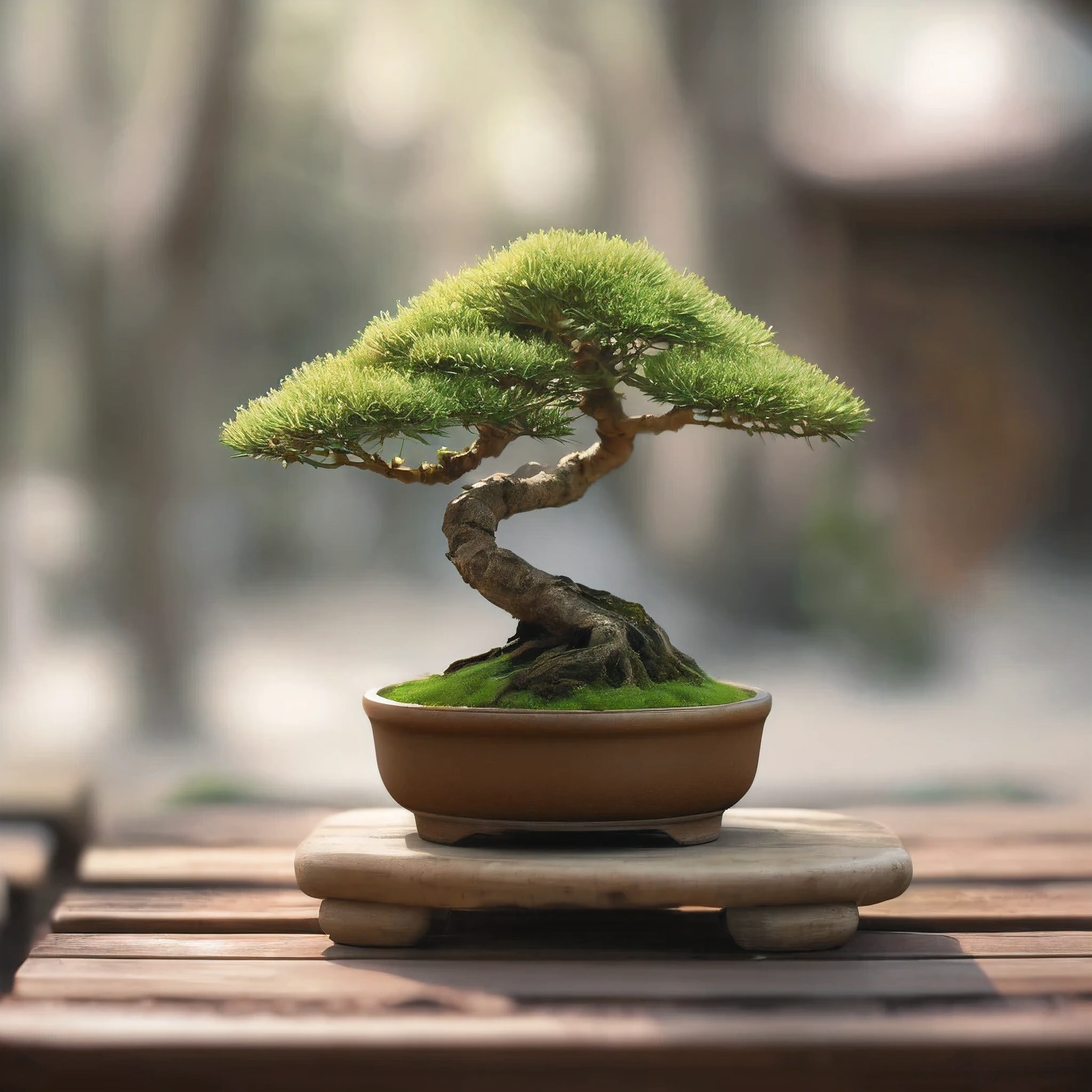 Small green bonsai, Fits in a brown flowerpot, The base is covered with moss、Captivating masterpiece, Minimalist and simple aesthetic, Focus on the delicate details of wood, Radiating its beauty with a radiant glow, High resolution, Highest quality, High resolution, 8k,Highest quality,4K,8k,High resolution,masterpiece:1.2,Very detailed,Realist,fotorRealist:1.37、Filtered natural light,、Subtle bokeh effect,Part of the background is blurred. Attention to detail