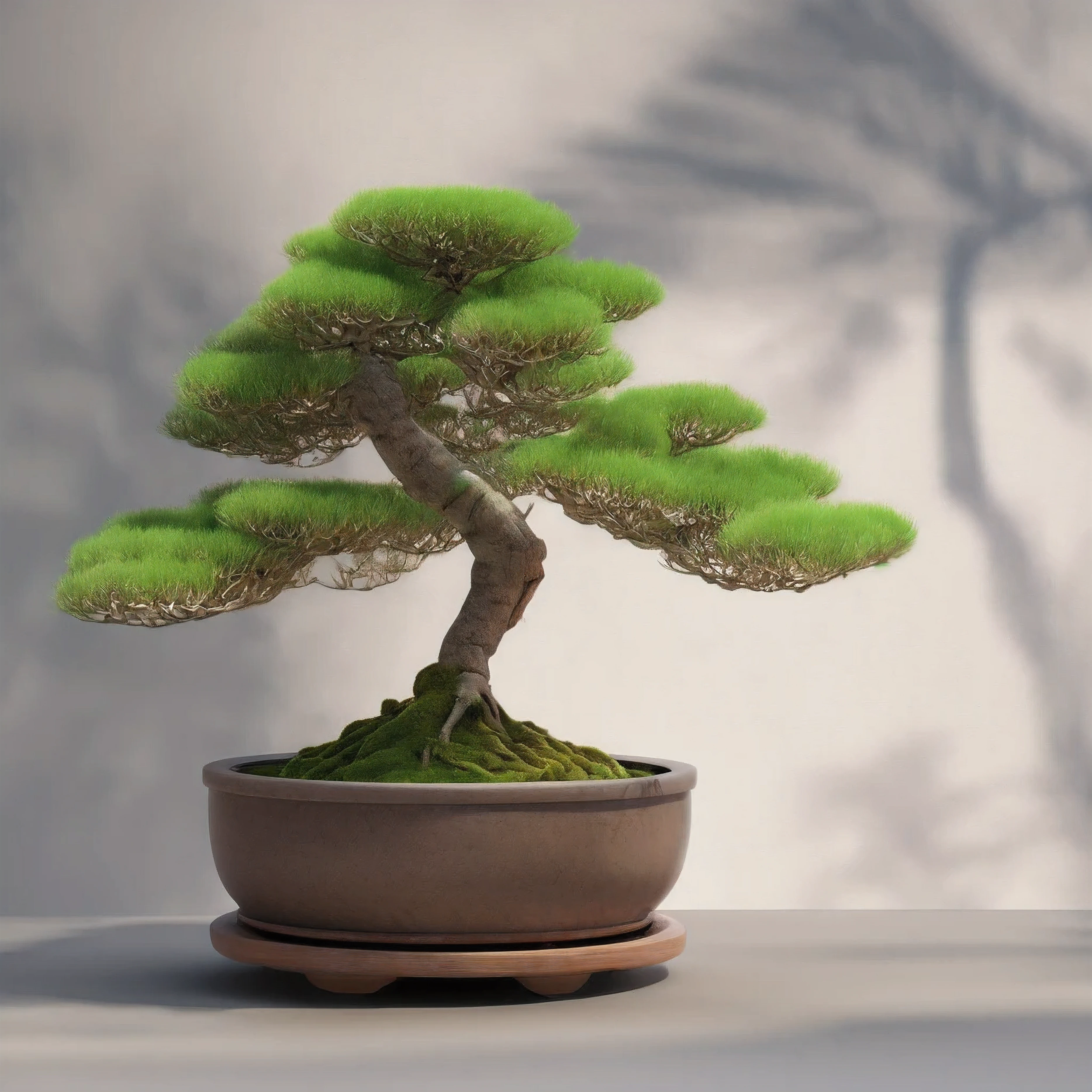 Small green bonsai, Fits in a brown flowerpot, The base is covered with moss、Captivating masterpiece, Minimalist and simple aesthetic, Focus on the delicate details of wood, Radiating its beauty with a radiant glow, High resolution, Highest quality, High resolution, 8k,Highest quality,4K,8k,High resolution,masterpiece:1.2,Very detailed,Realist,fotorRealist:1.37、Filtered natural light,、Subtle bokeh effect,Part of the background is blurred. Attention to detail