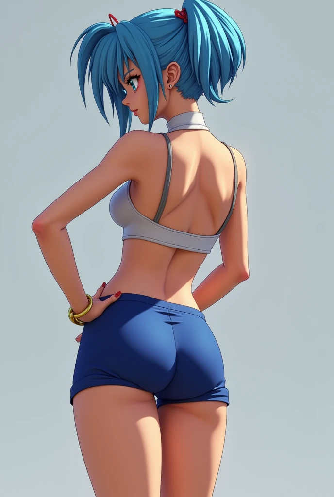 (masterpiece, best quality:1.2), (simple background: 1.5), (simplistic background), cowboy shot, ((solo)), 1girl, kawashiro nitori, smile, looking at viewer, two side up, blue hair, (short hair), (short twintails), hair bobbles, hair ornament, (green headwear), ((green hat)), (black tank top), (denim shorts), tight shorts, looking at viewer, smirk, from behind, butt, wide hips, butt, large butt, huge ass, large behind, large rear, suggestive
