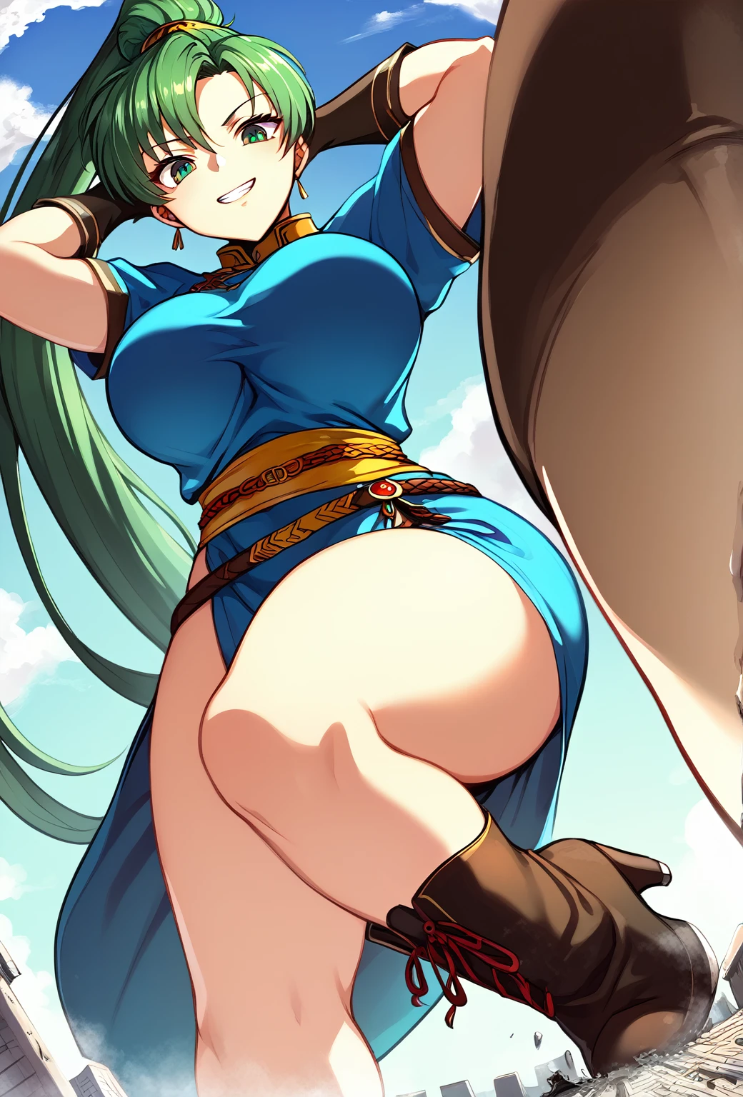 master piece, best quality, extremely detailed CG unity 8k wallpaper, ultra-detailed, detailed face, detailed eyes, 8K, front view, official art, anime style, 

athletic curvy physique, inverted body type, attractive feminine curves,  big breasts, curvy legs and arms, feminine curvy figure, (thick thighs, thick calves, thick voluptuous legs, big curvy hip, bare knees, bare thighs), ((style of plump voluptuous body)), 

brown elbow gloves, brown over-the-calf boots, long laced boots,
deep green high ponytail hair, green eyes, 

1 beautiful giant woman, looking down with alluring smile, smirk, (yokozuwari:1.3), sitting on side, leaning to the building, arms up behind head,  ruins, looming, teeth, ((sitting on building, crossing legs)),

GTS, giantess, jvdaniang, building size, defLyn, green hair, high ponytail, blue dress, short sleeves, sash, side slit, fingerless gloves, lace boots, high heel boots, giaro boots, piercing toes, 

